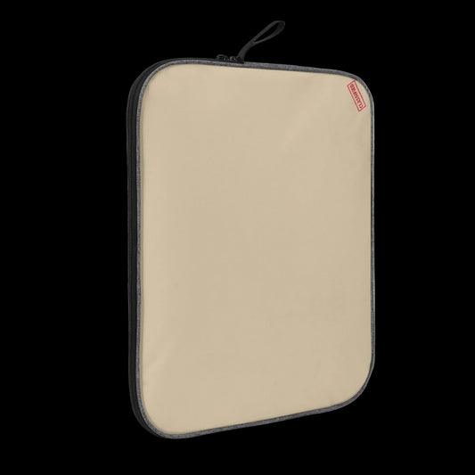 Slim-profile Tan Blank Slate tech sleeve showing the impact-resistant padded edges for MacBook and iPad protection.