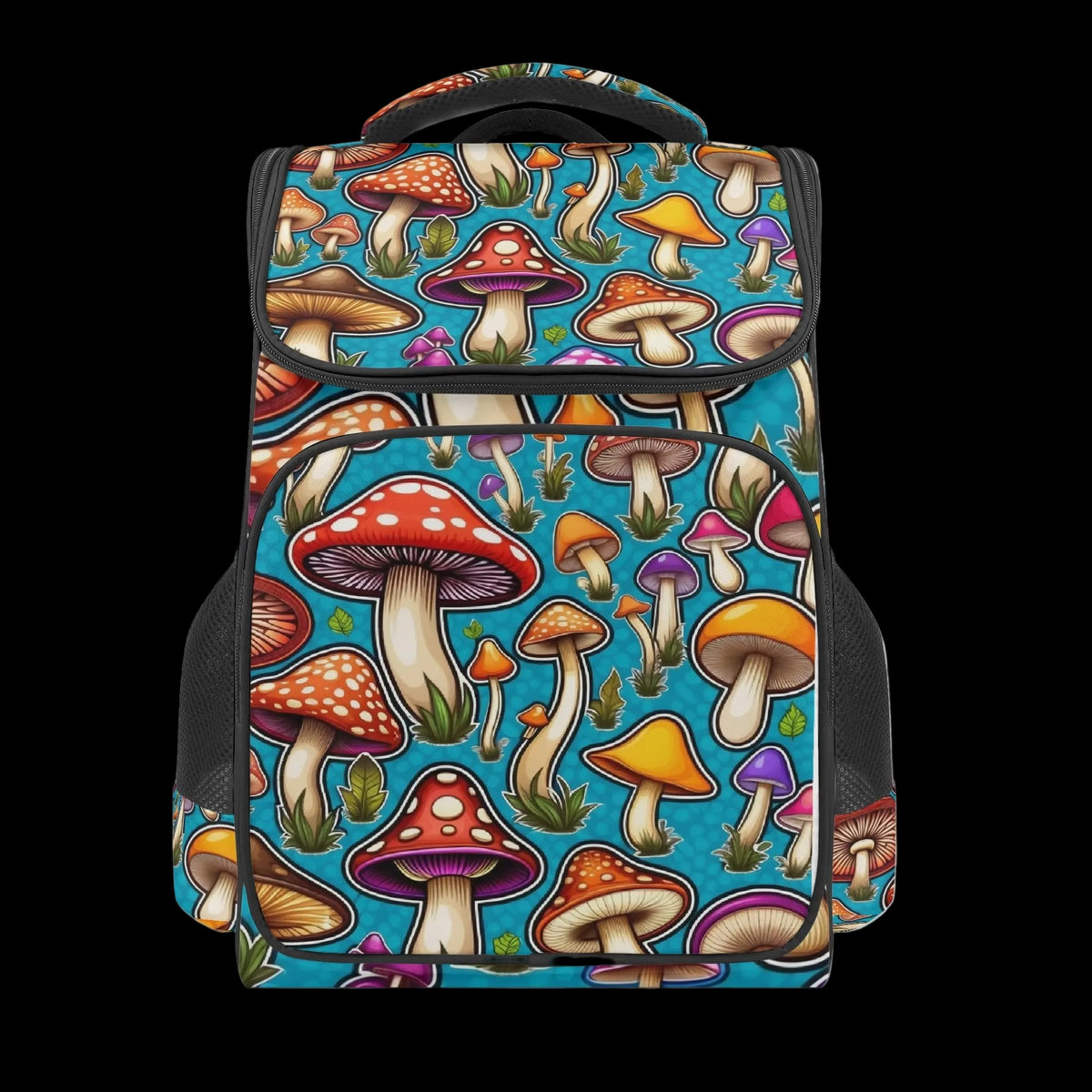 Front view of the 18-inch trail backpack featuring a vibrant woodland mushroom print on a blue background