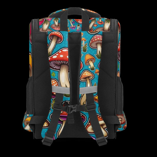 Back view of the woodland mushroom 18-inch trail backpack showing adjustable ergonomic padded shoulder straps