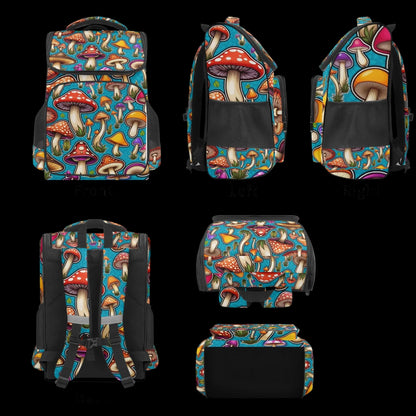 Vibrant woodland mushroom patterned 18-inch trail backpack designed for camping, hiking, and daily use