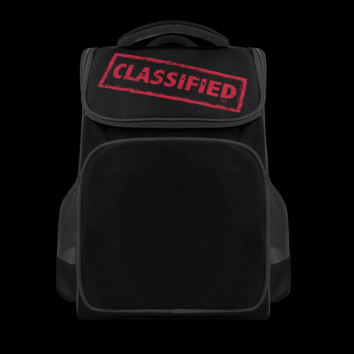 Black 18-inch trail backpack with red Classified LLC logo on the top flap