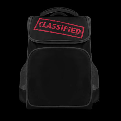 Black 18-inch trail backpack with red Classified LLC logo on the top flap